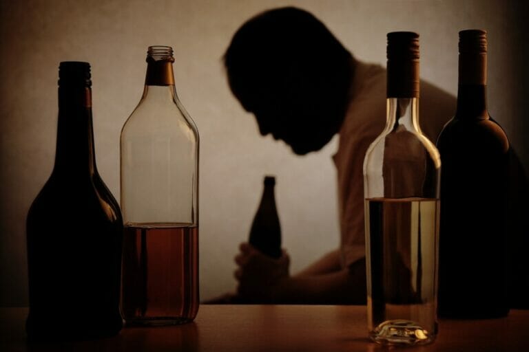silhouette of an unrecognizable man behind alcohol bottles as symbol for alcoholism and addiction.